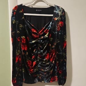 INC International Concepts Black and Red Floral Velvet Blouse